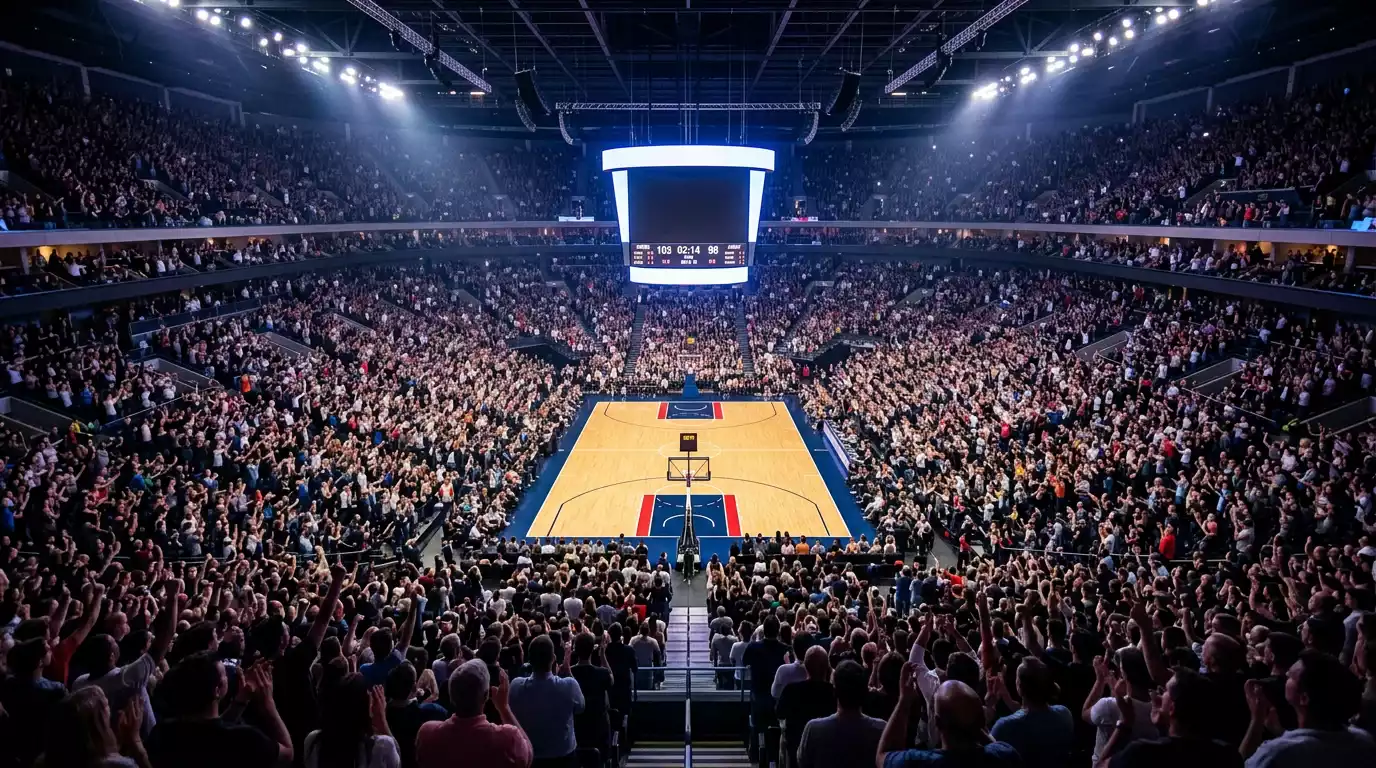 Packed NBA arena with thousands of fans during a professional basketball game