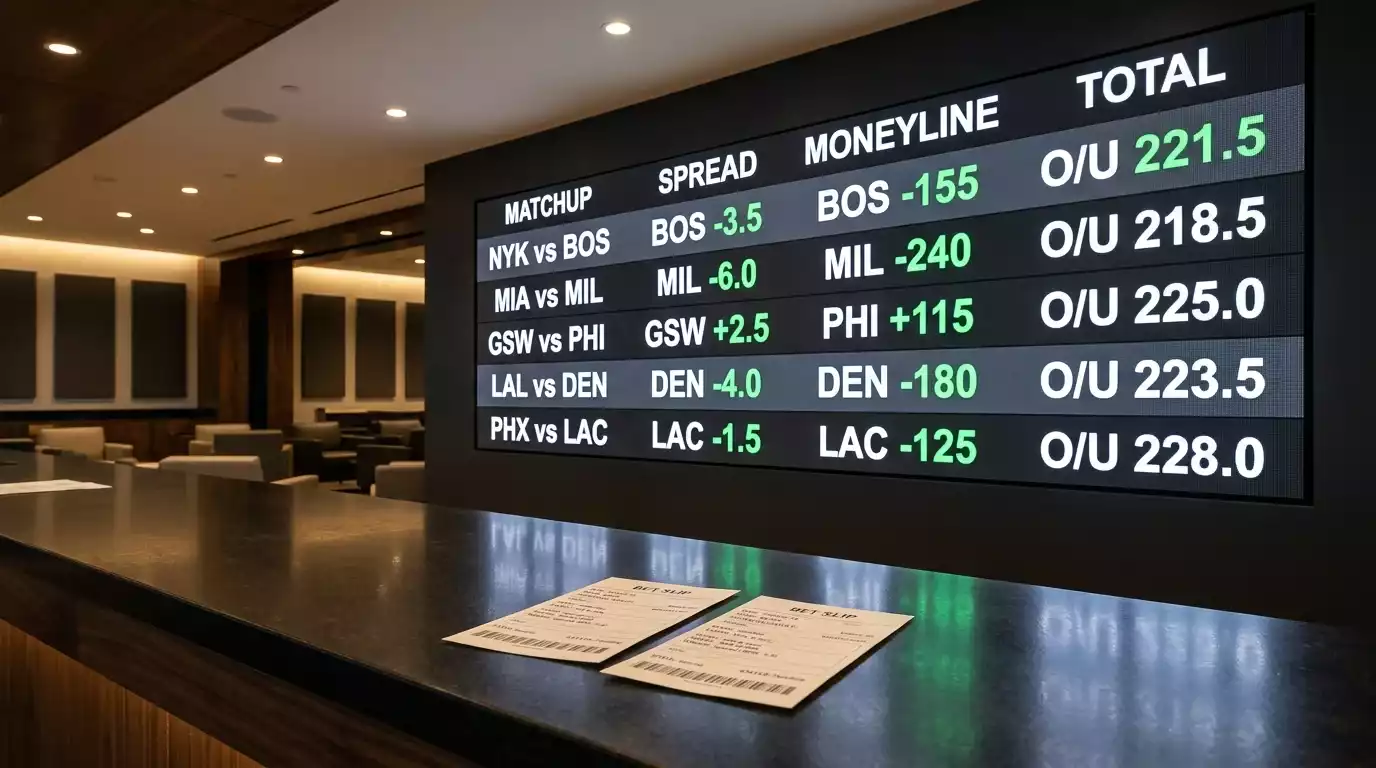 NBA sportsbook display board showing point spread and moneyline odds for multiple basketball games