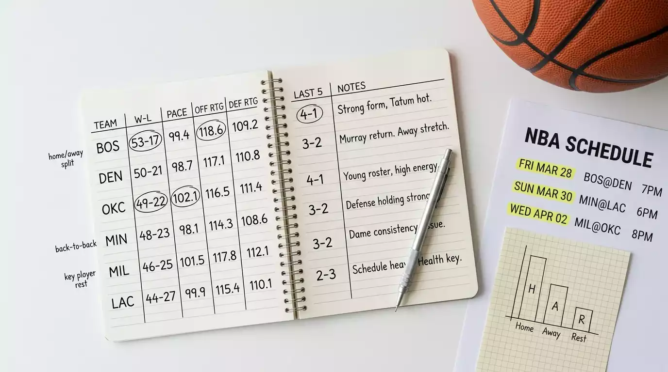 Notebook with NBA team statistics, rest day schedules, and ATS records next to a basketball