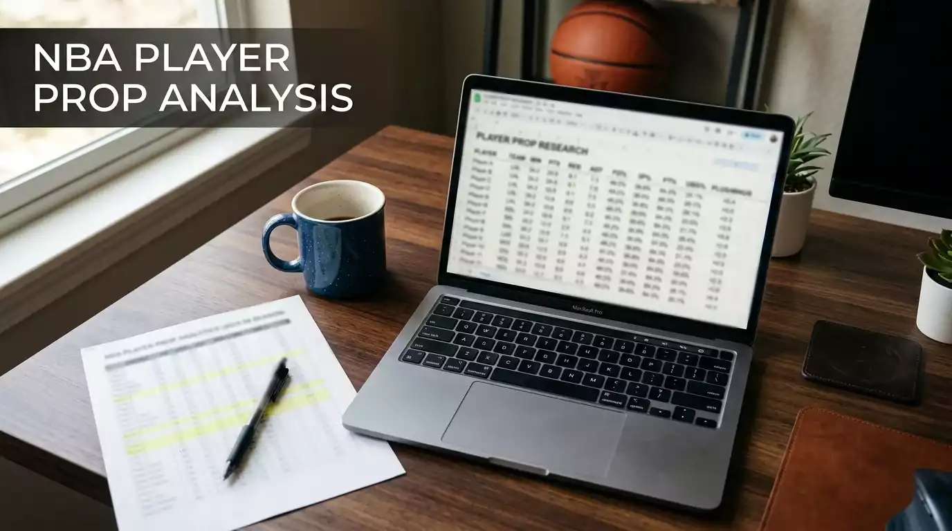 Sports analyst reviewing NBA player statistics and prop bet data on a laptop screen